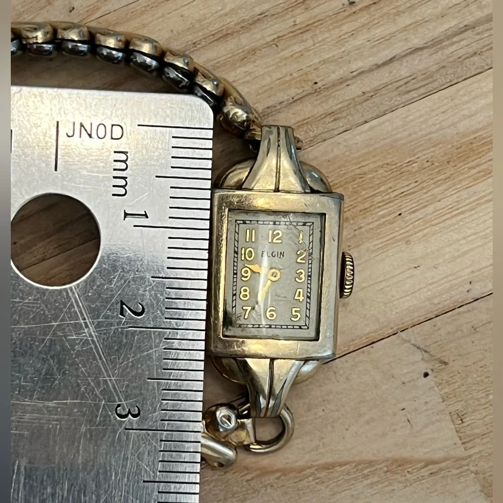 Elgin 10K Gold Ladies Watch Rare Vintage Mechanical Silver Dial Stretch Bracelet